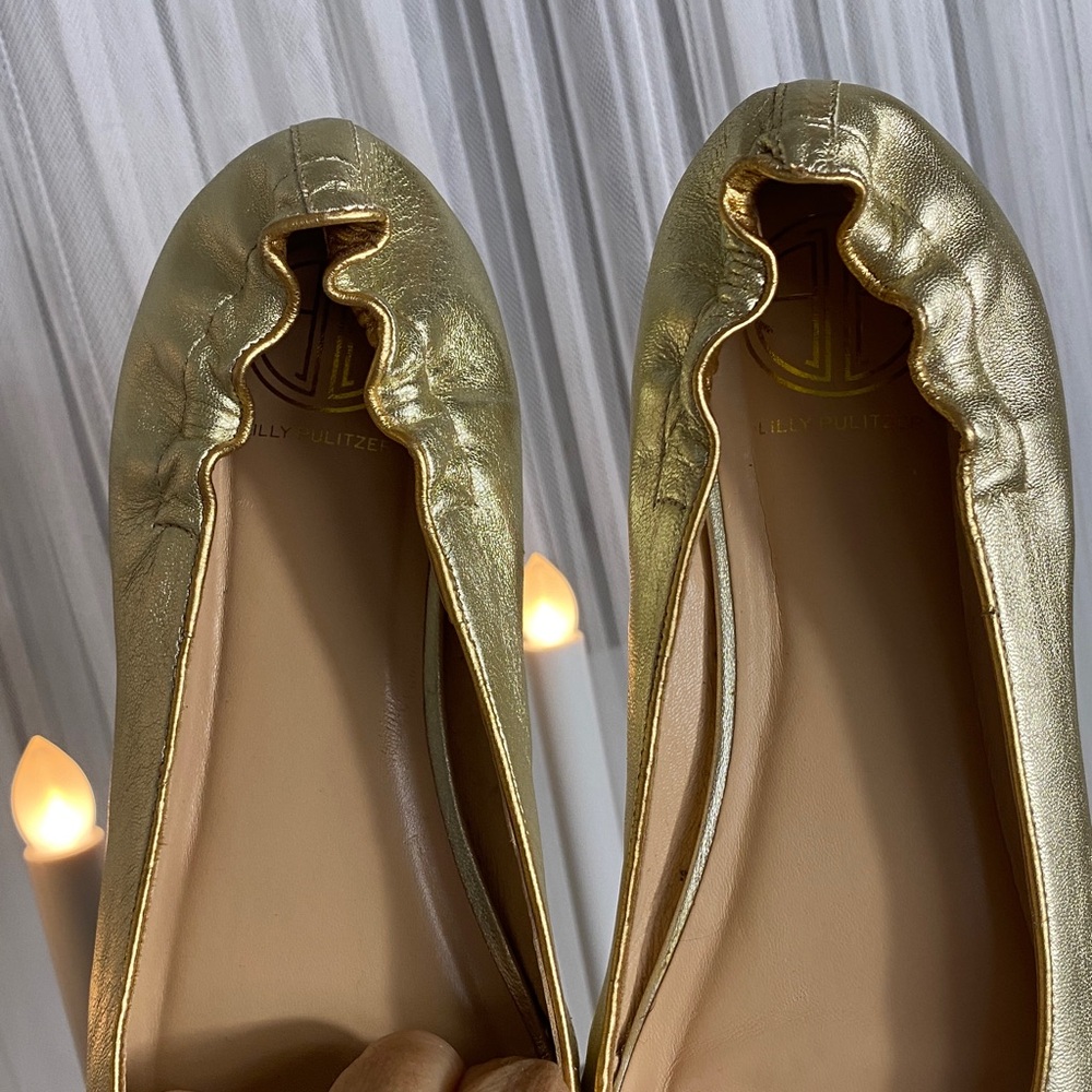 Lilly Pulitzer Gold Leather Ballet Flats Lion Heads Knock Brown Ribbon Size 9 - Picture 9 of 16